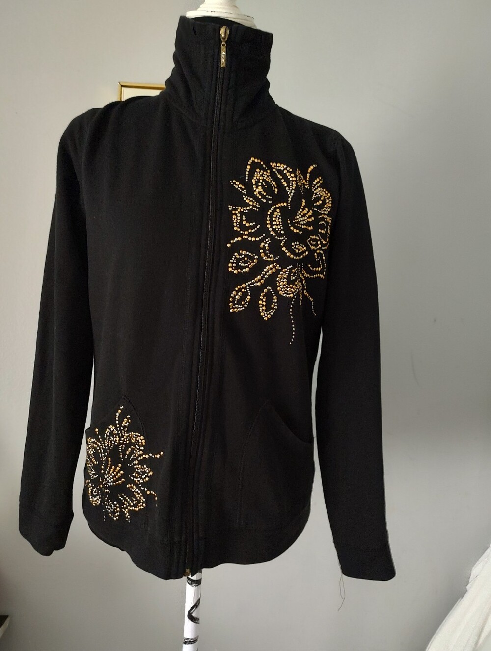 Onque Casuals Black Zip-Up Bomber Jacket with Gold Stud Floral Design